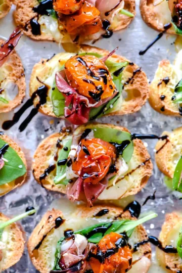 Toasted Crostini with Melted Mozzarella Caprese