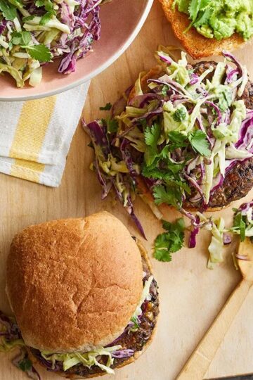 Cilantro Bean Burgers with Creamy Avocado Lime Slaw