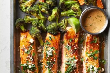 Sheet Pan Salmon with Sweet Potatoes Broccoli