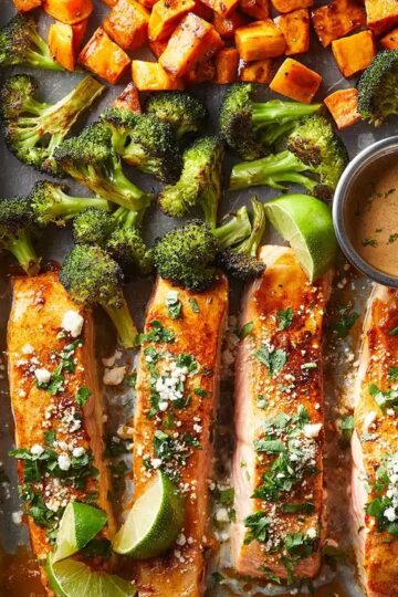 Sheet Pan Salmon with Sweet Potatoes Broccoli