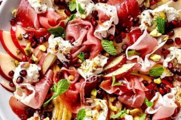 Burrata Salad with Pear and Prosciutto 1 burrata, cheese, mint, pears, pistachio, pomegranate, prosciutto, salad