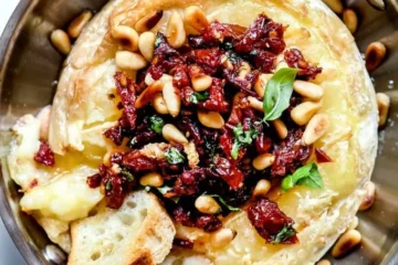 Baked Brie with Sun Dried Tomato and Pine Nuts 1 everydaydeliciouskitchen