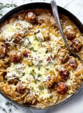 Delicious French Onion Orzo with Meatballs Recipe