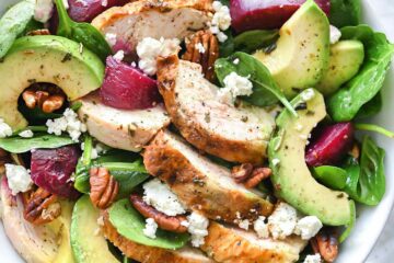 Roasted Beet, Avocado and Goat Cheese Spinach Salad with Chicken 7 Roasted Beet Spinach Salad with Chicken and Avocado everydaydeliciouskitchen.com 021